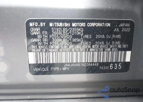 2022 Mitsubishi Outlander Sel 2.5 S-Awc from USA, damaged, VIN JA4J4VA81NZ084448